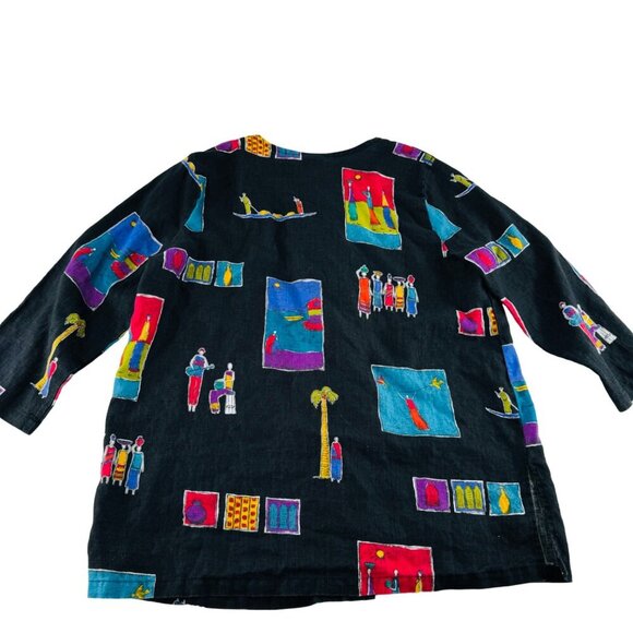 Hot Cotton Womens Linen Jacket Size L Colorful Abstract button down blouse - Picture 6 of 6